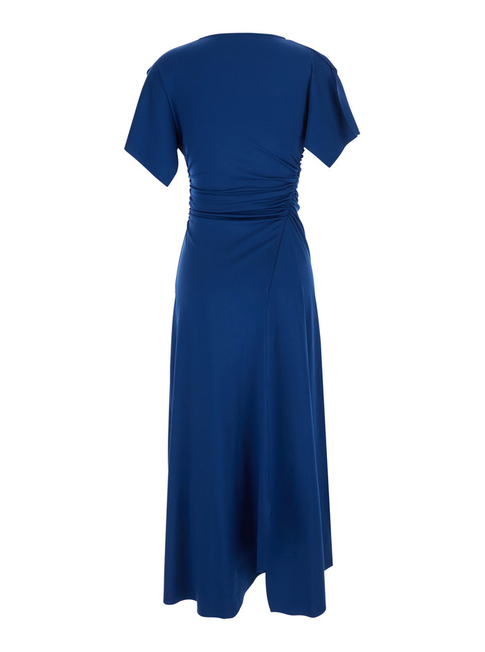 Cap Sleeve Dress With Hooded Sleeves And Blue Elastic Fabric For Women Blu Polyester Elastane Long