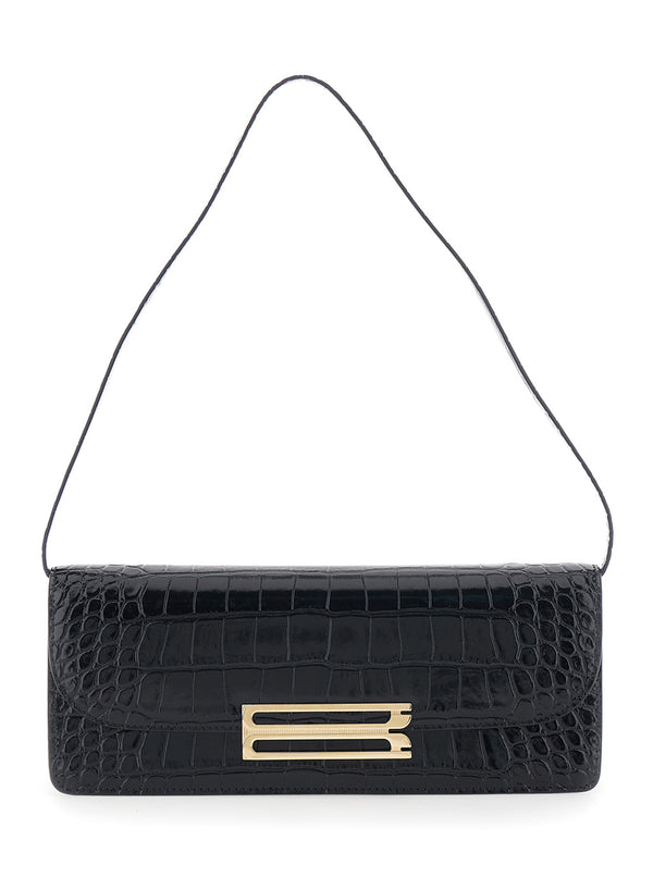 Clutch Dorian East-West Black Calf Leather Shoulder Bags