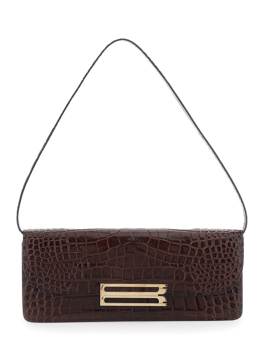 Clutch Dorian East-West Brown Leather Calf Shoulder Bags