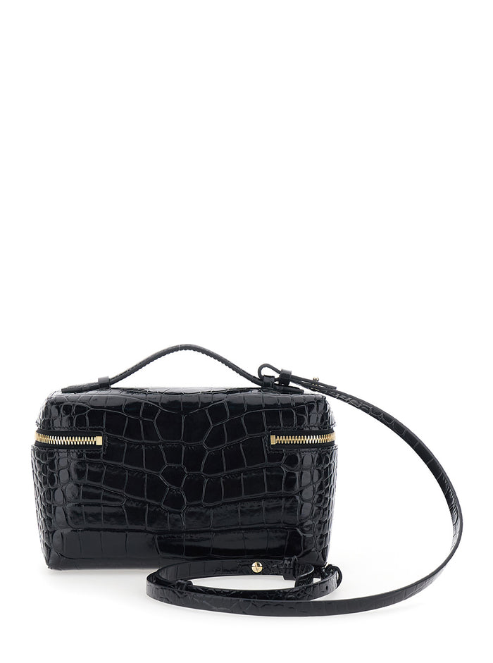 Black Crossbody Bag With Logo Lettering On The Front And Adjustable Removable Strap Leather For Women Calf Shoulder