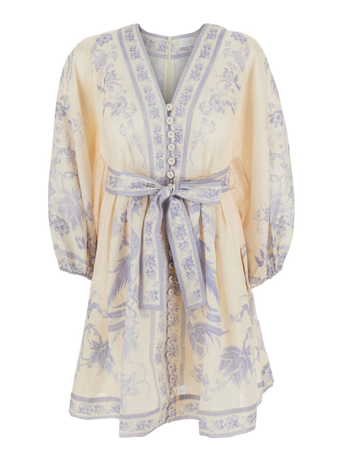 Indra Plunge Mini Dress With V-Neck And Long Sleeves Multicolored Linen For Women