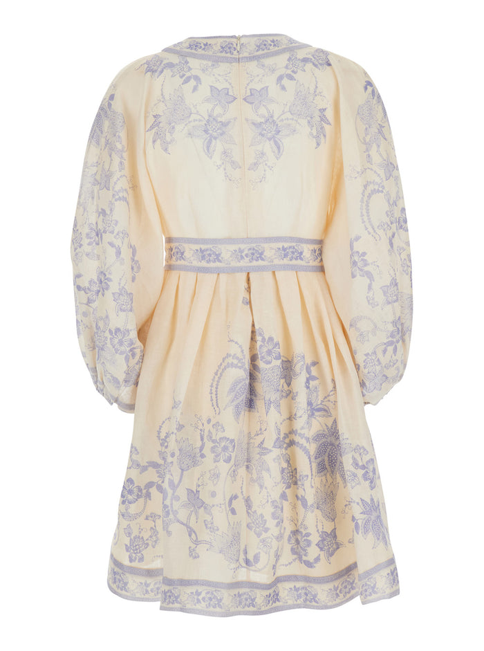 Indra Plunge Mini Dress With V-Neck And Long Sleeves Multicolored Linen For Women
