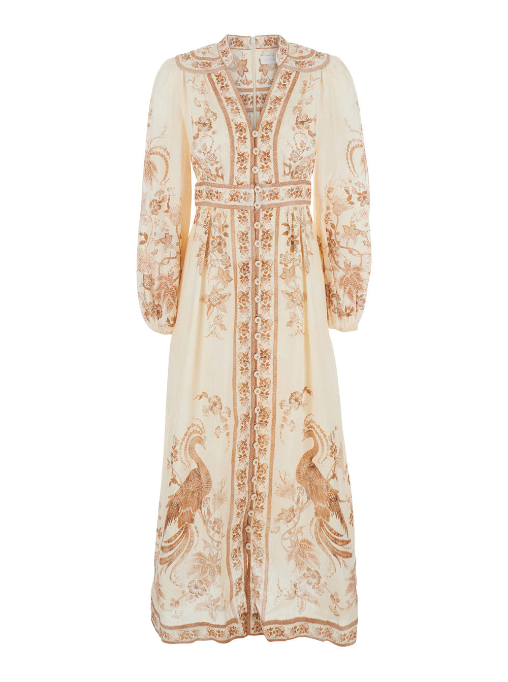Indra Plunge Midi Dress With V-Neck And Long Sleeves Multicolored Linen For Women