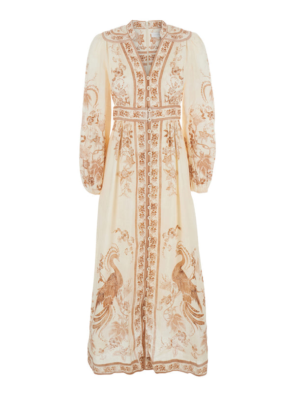Midi Dress Indra Plunge Multicolour Linen