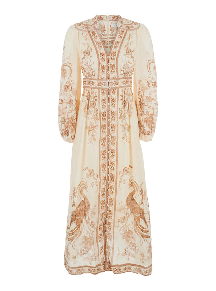 Indra Plunge Midi Dress With V-Neck And Long Sleeves Multicolored Linen For Women
