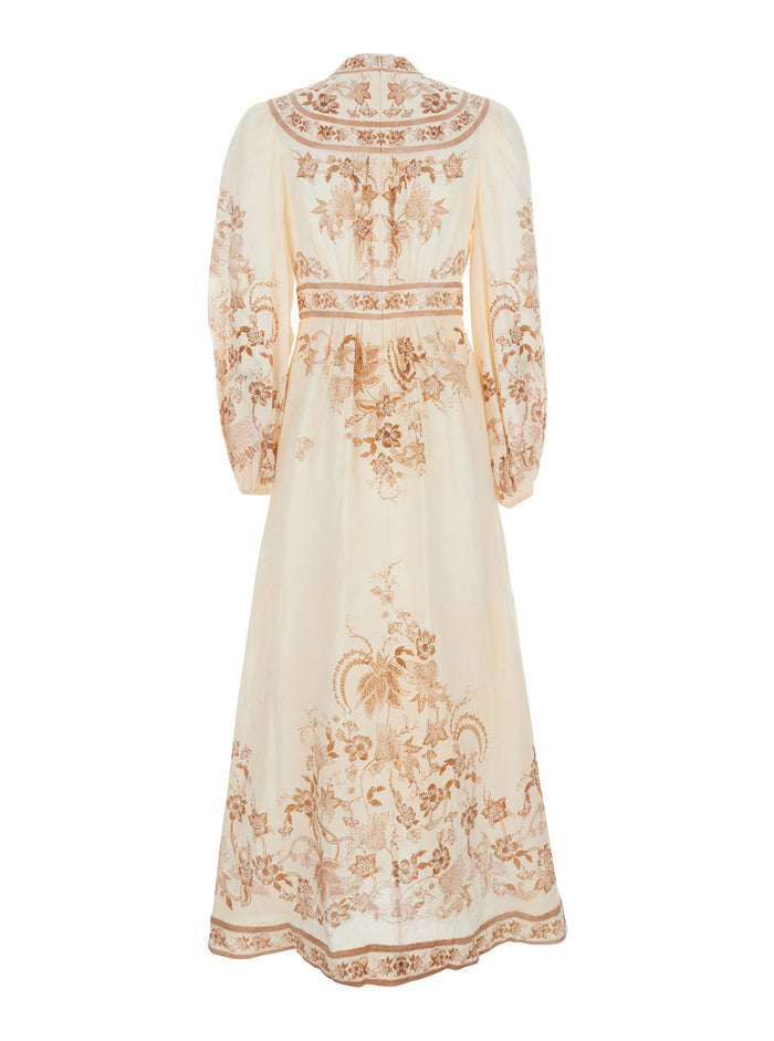 Indra Plunge Midi Dress With V-Neck And Long Sleeves Multicolored Linen For Women