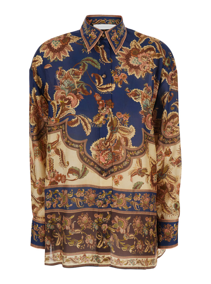Aster Relaxed Shirt Is A Multicolored Silk With Pointed Collar And Long Sleeves For Women Blouses