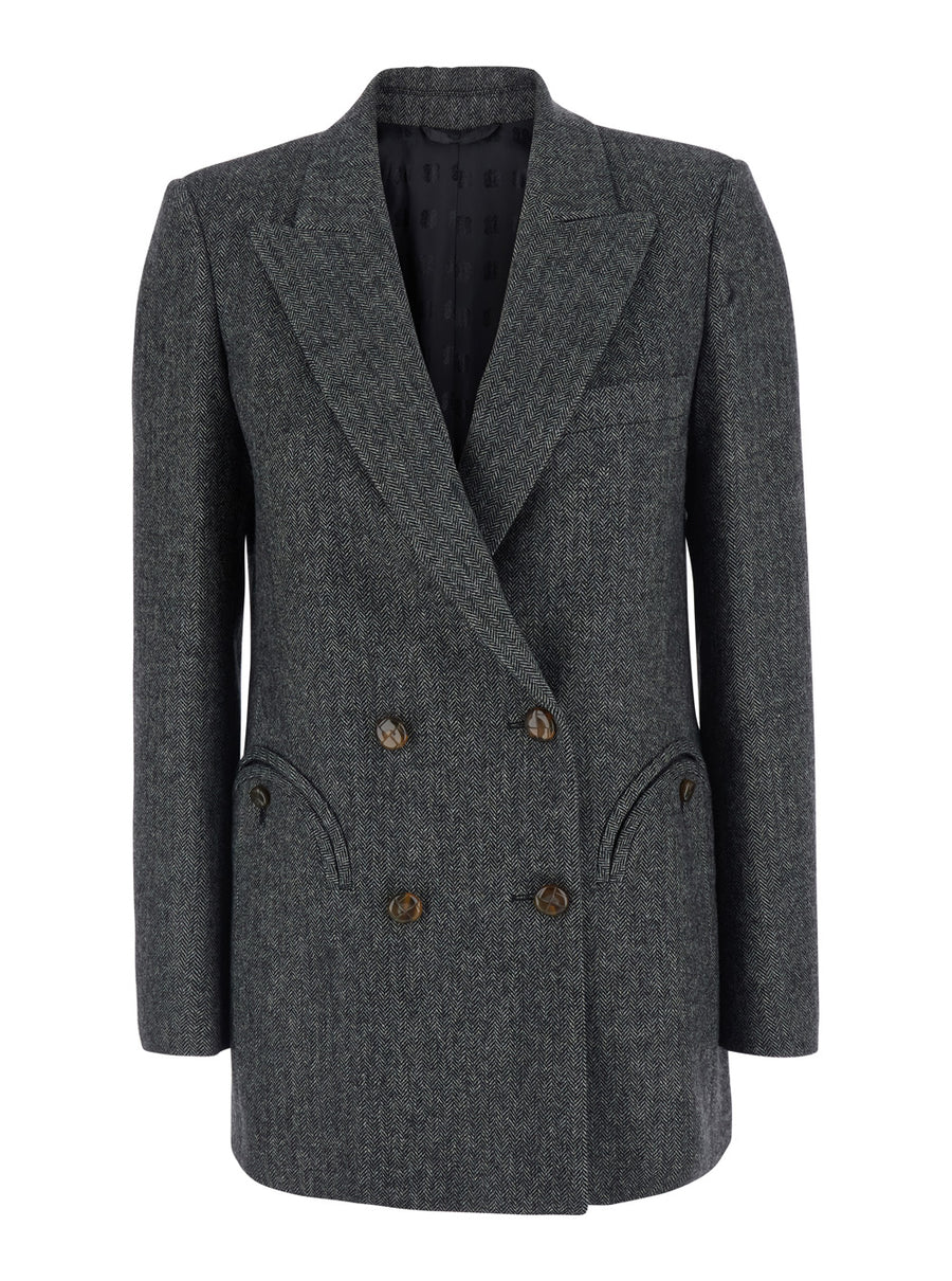 Double-Breasted Jacket Grey Wool Blend Virgin Blazers