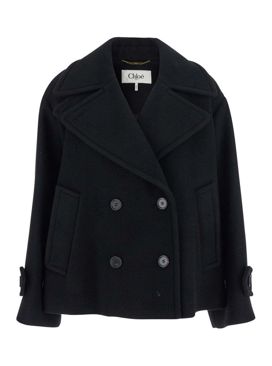 Jacket Double-Breasted Wool-Blend Black Wool Blend Coat