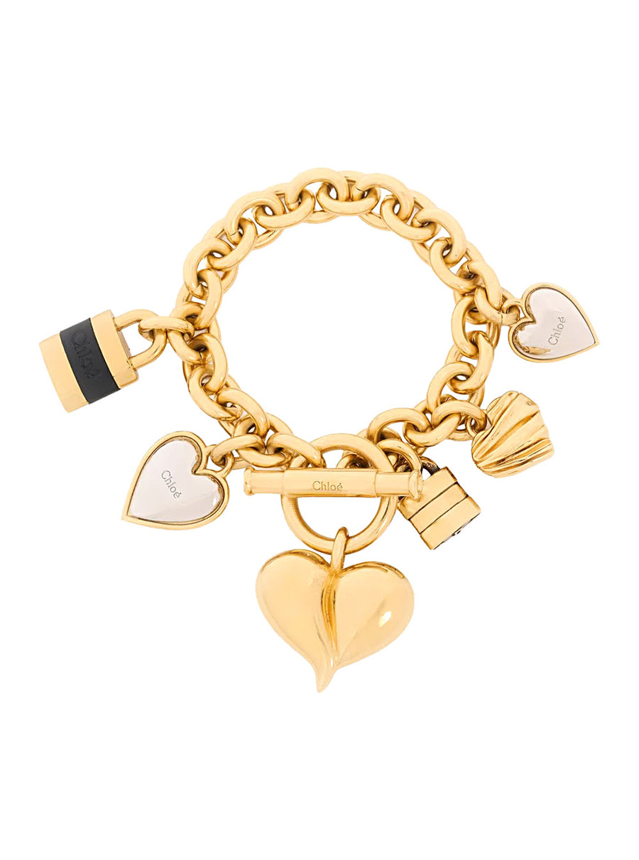 Bracelet With Padlock And Heart Pendants, Gold-Tone Metallic Brass Bracelets