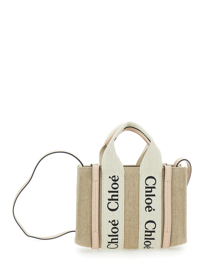 Handbag Woody With Logoed Ribbons Canvas And Leather Beige Woman Linen Hand Bags