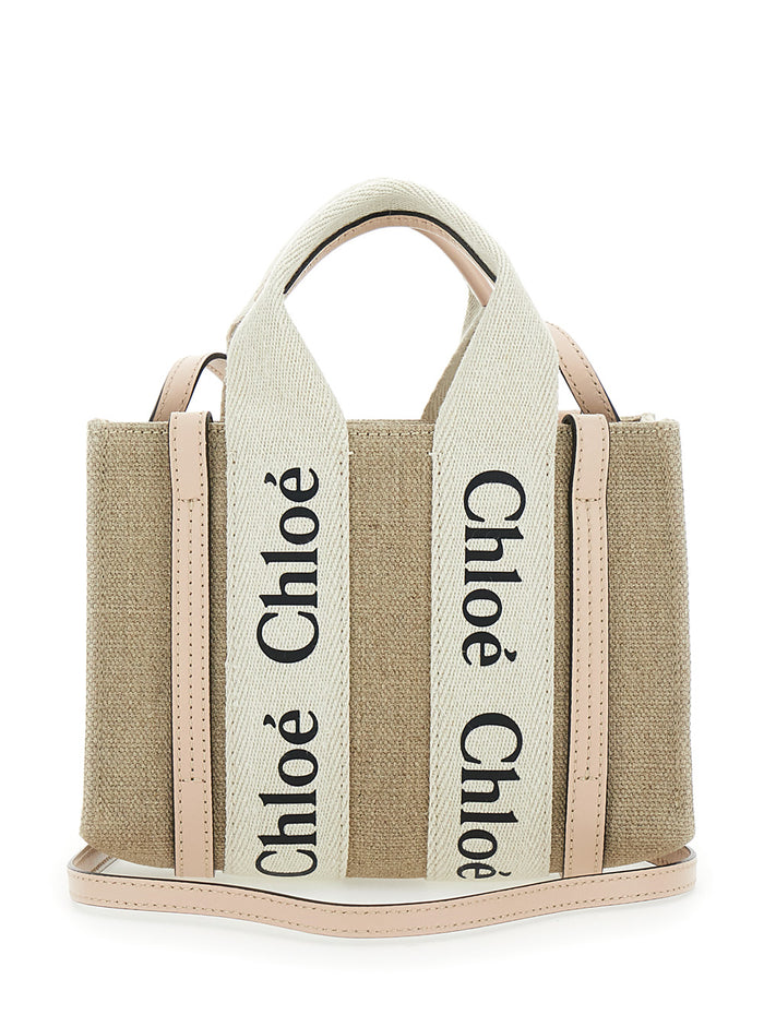 Handbag Woody With Logoed Ribbons Canvas And Leather Beige Woman Linen Hand Bags