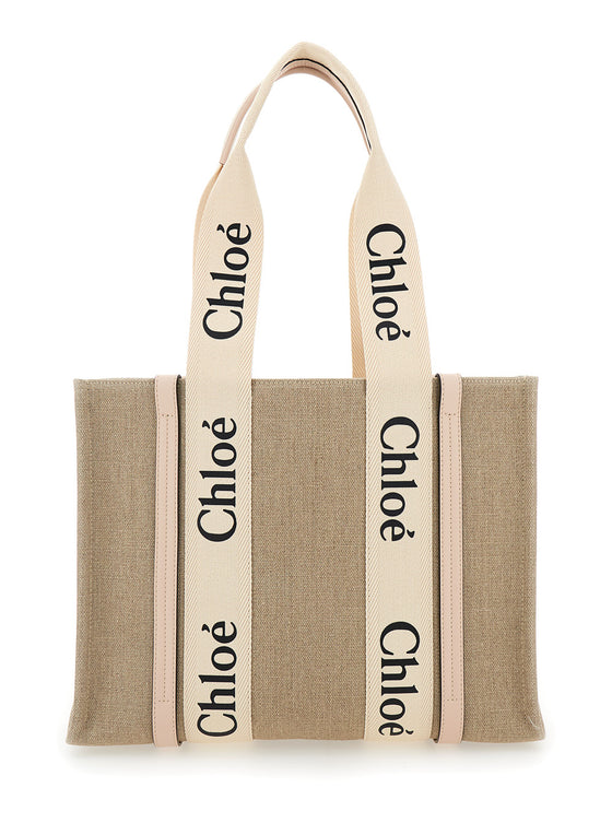 Handbag Medium Woody With Logo Linen Canvas Beige Woman Tote Bags