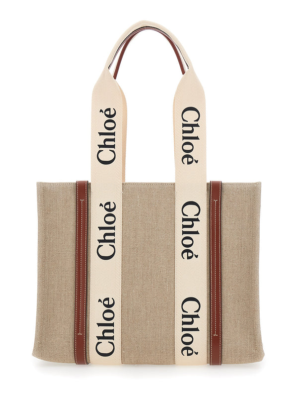 Handbag Woody Medium Beige Linen Tote Bags