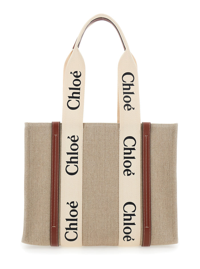 Handbag Woody Medium With Logo Lettering On The Front Beige Linen For Women Tote Bags