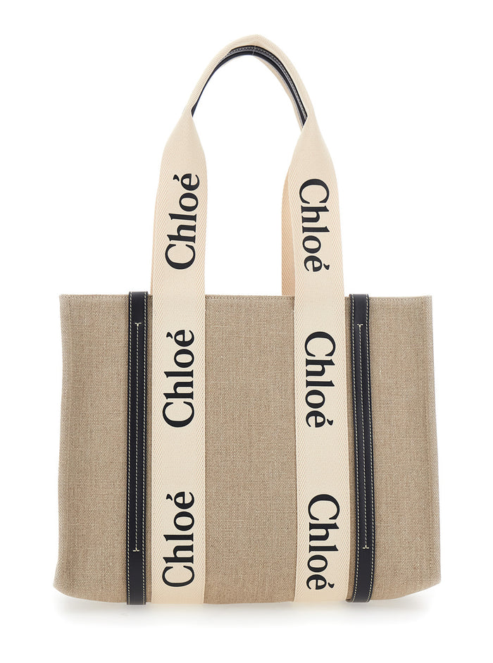 Handbag Medium Woody With Logo Lettering On The Front Beige Linen For Women Tote Bags