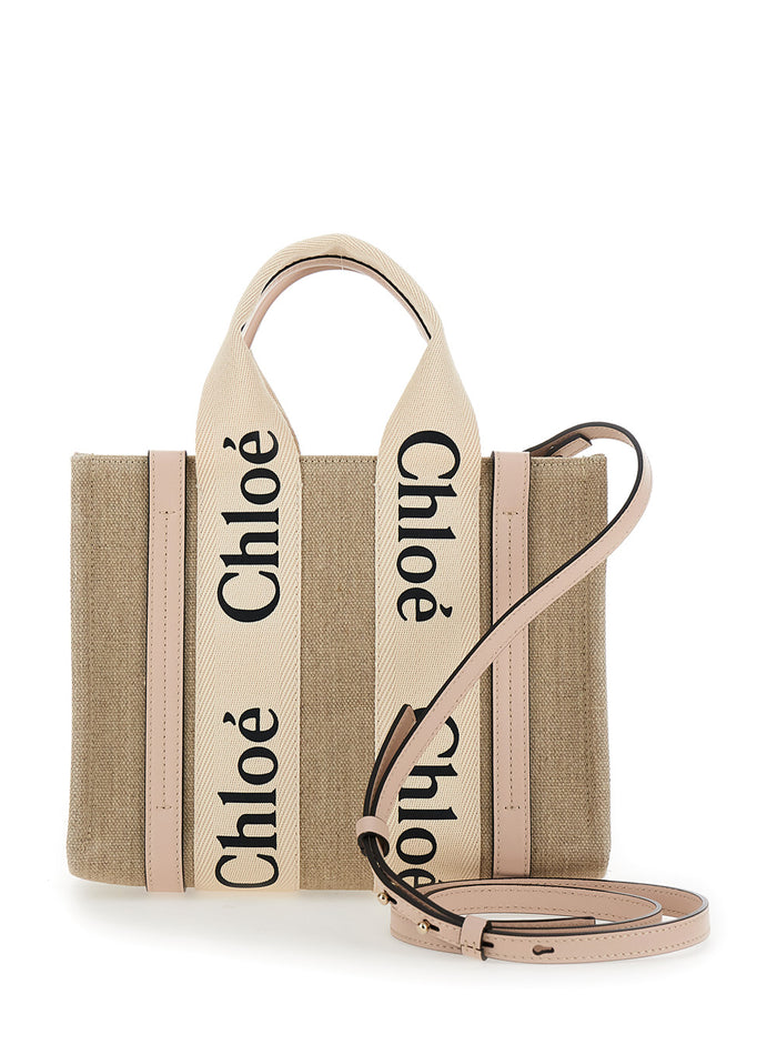 Tote Bag Woody With Logoed Ribbons Beige Canvas For Women Linen Crossbody