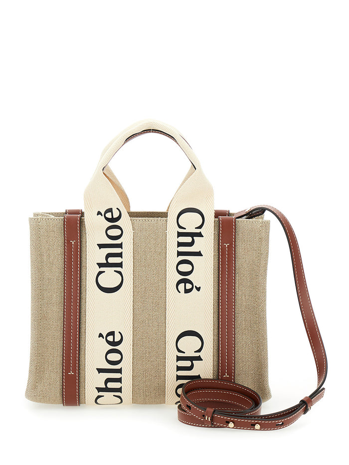 Tote Bag Woody With Logoed Straps Canvas And Leather Beige Woman Linen Crossbody