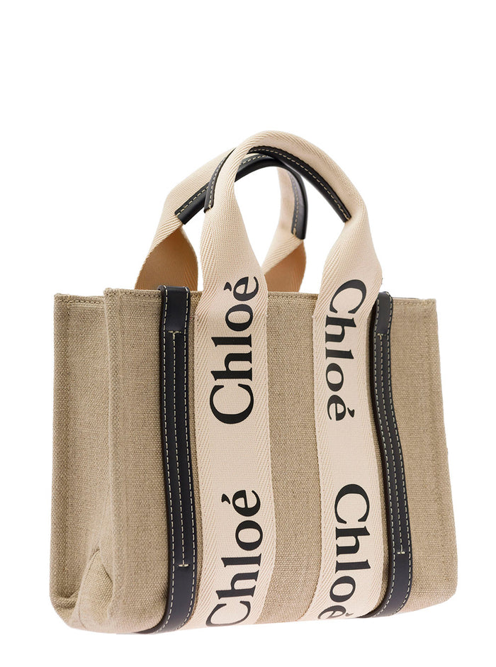 Tote Bag Woody With Leather And Linen Strap Beige For Women Crossbody