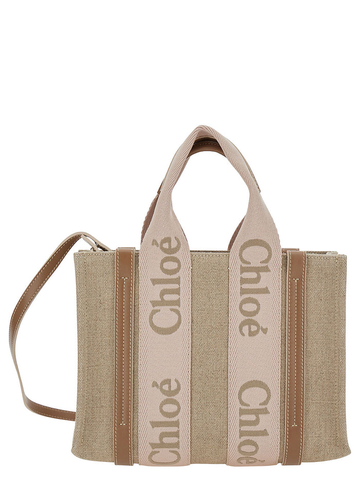 Tote Bag Woody Piccola With Linen Logo Detail Beige Woman Hand
