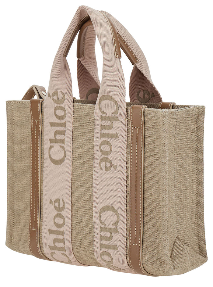 Tote Bag Woody Piccola With Linen Logo Detail Beige Woman Hand