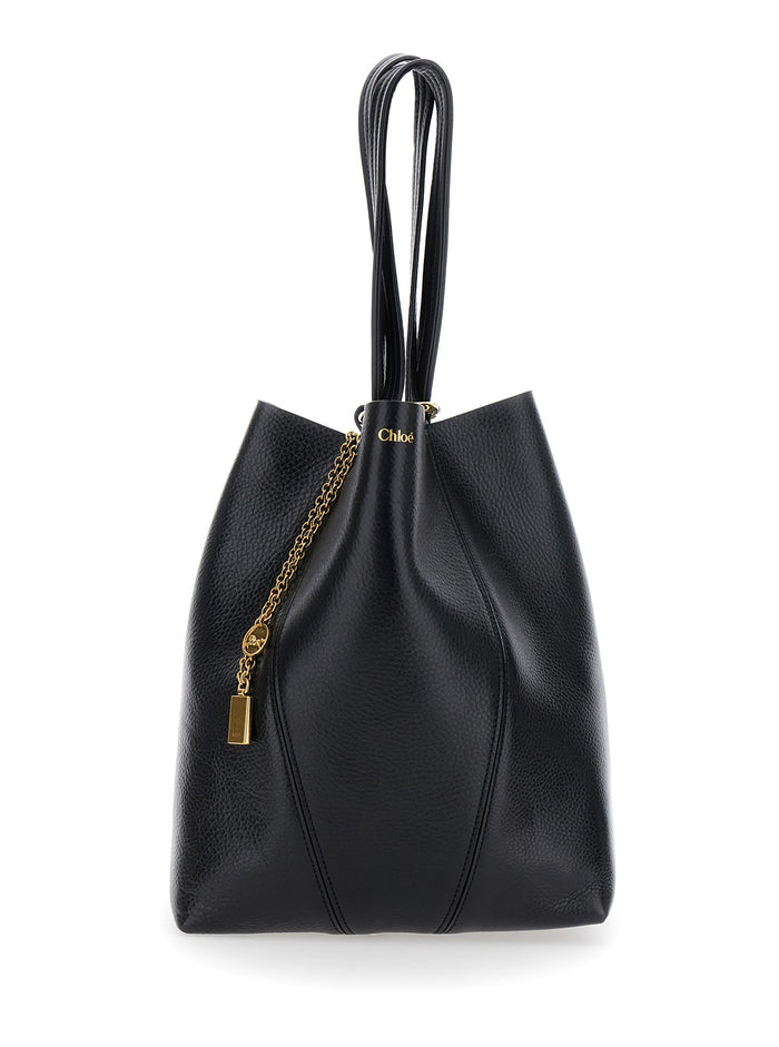 Shoulder Bag Spin With Logoed Metal Medals Black Grained Leather For Women