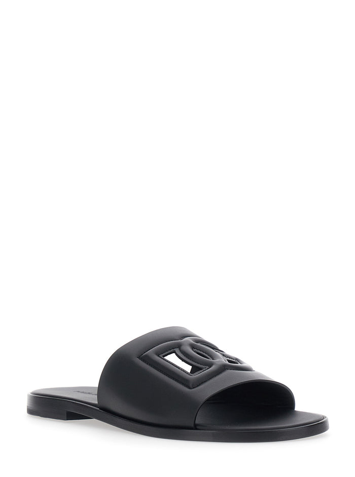 Black Leather Cut-Out Logo Detail Sandals For Men Calf Flat Shoes