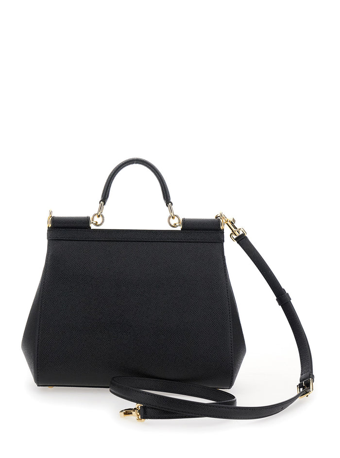 Handbag Sicily Medium With Logo Plate On Front Grained Black Leather Woman Cotton Calf Hand Bags