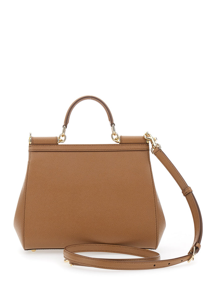 Handbag My Sicily Medium With Logo Plate On Front Grained Brown Leather For Women Hand Bags