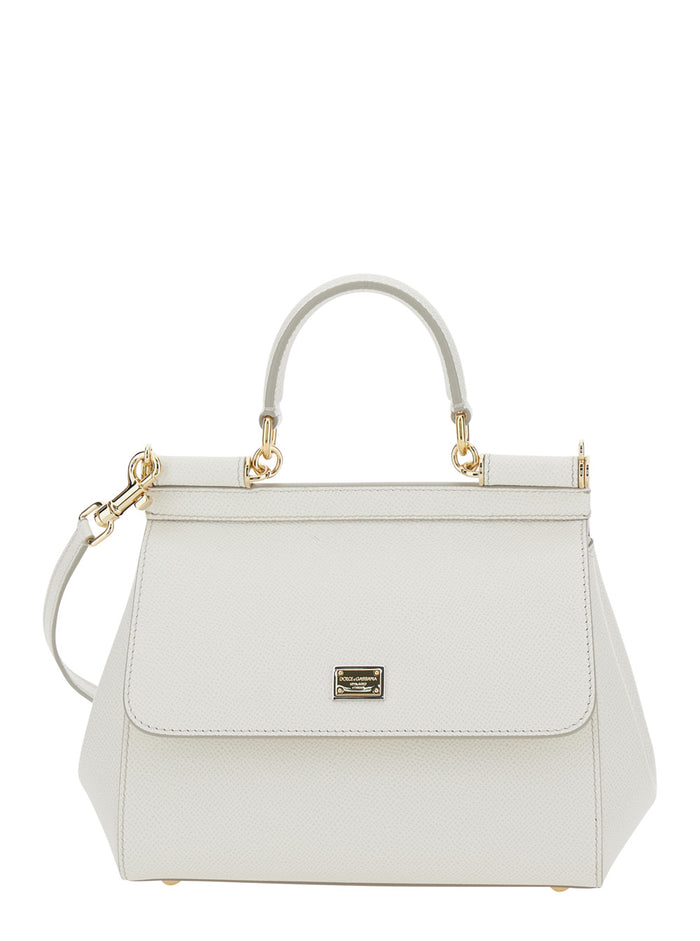 Handbag Sicily Piccola With Adjustable And Removable Shoulder Strap Logo Plate On Front Grained White Leather For Women Hand Bags