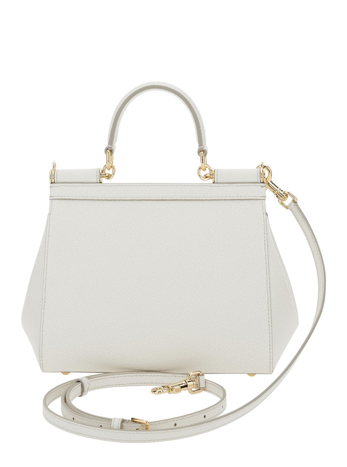 Handbag Sicily Piccola With Adjustable And Removable Shoulder Strap Logo Plate On Front Grained White Leather For Women Hand Bags