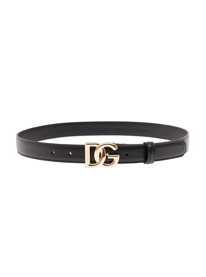 Thin Belt With Dg Buckle Black Gold Metal Leather For Women Calf