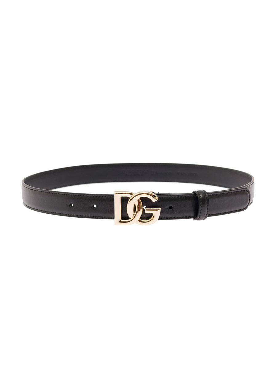 Leather Belt With Gold Buckle - Black Calf