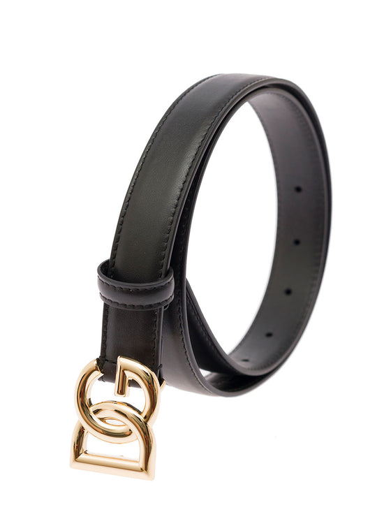 Thin Belt With Dg Buckle Black Gold Metal Leather For Women Calf