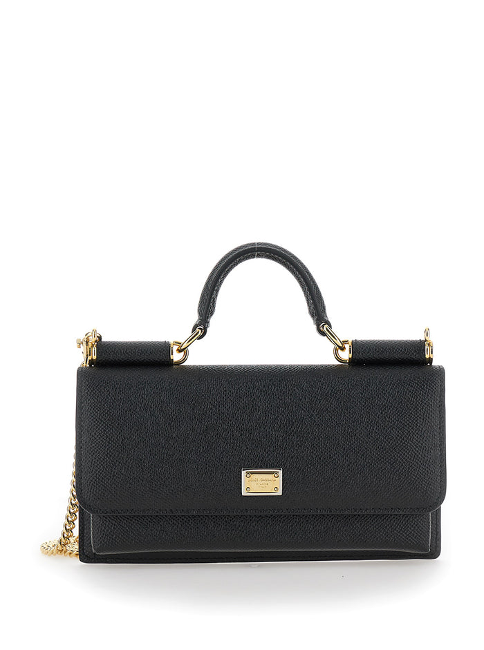 Crossbody Bag With Grained Leather Logo Plate Black Woman Calf Mini