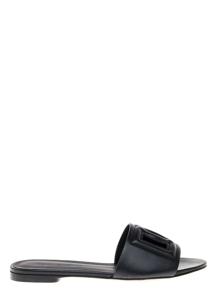 Black Leather Cut-Out Detail Slip-On Sandals For Women Lamb Calf Flat Shoes