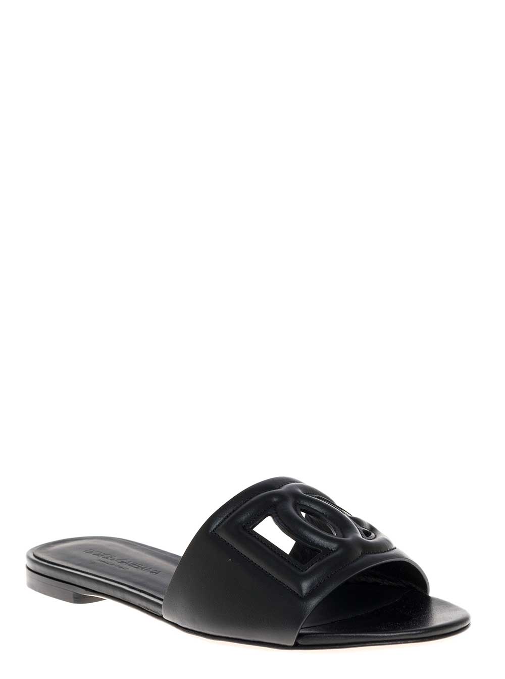 Black Leather Cut-Out Detail Slip-On Sandals For Women Lamb Calf Flat Shoes