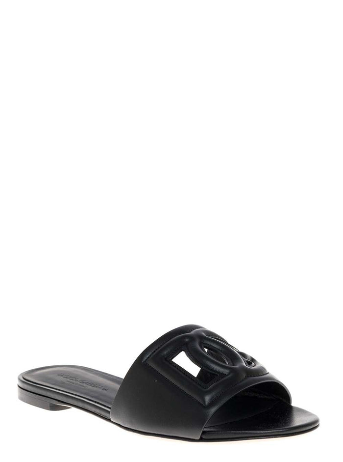 Black Leather Cut-Out Detail Slip-On Sandals For Women Lamb Calf Flat Shoes