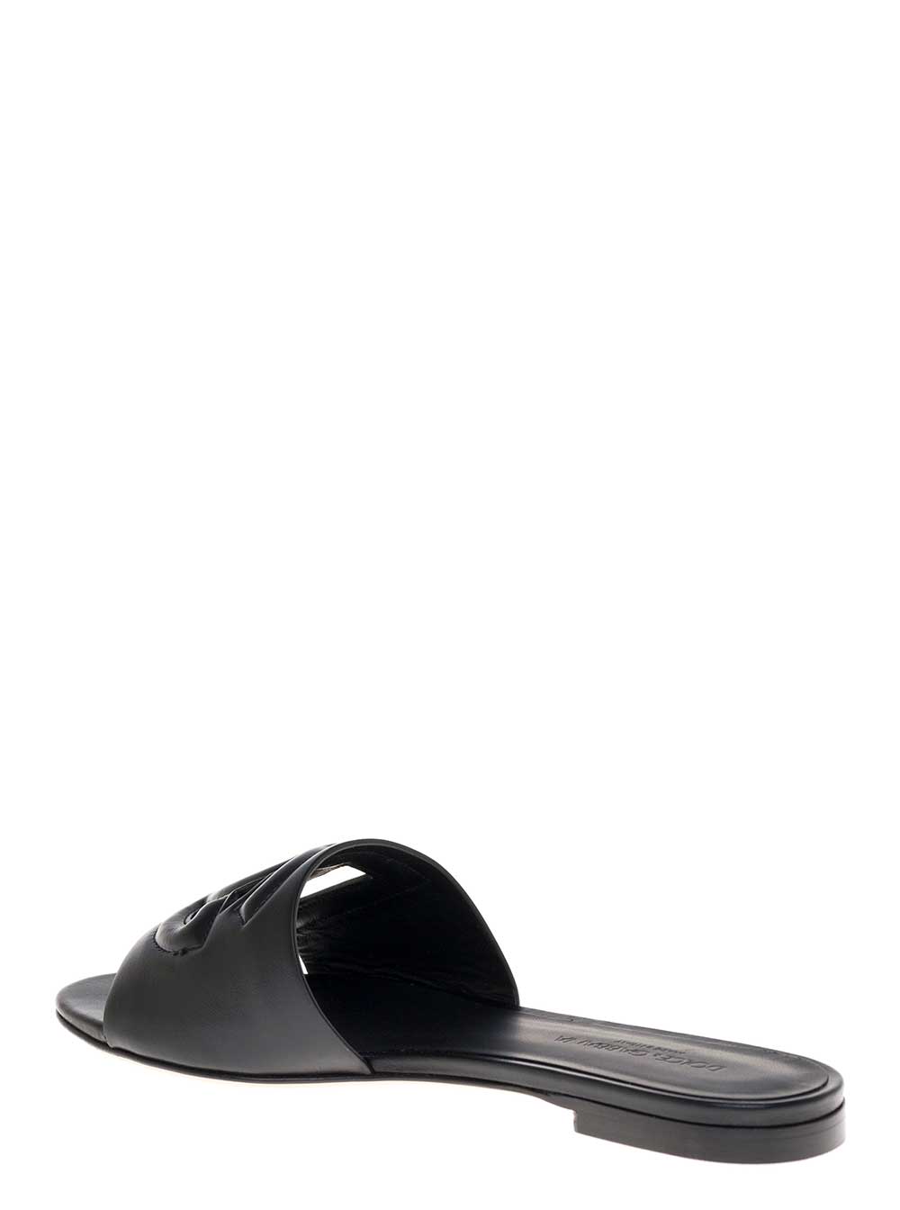 Black Leather Cut-Out Detail Slip-On Sandals For Women Lamb Calf Flat Shoes