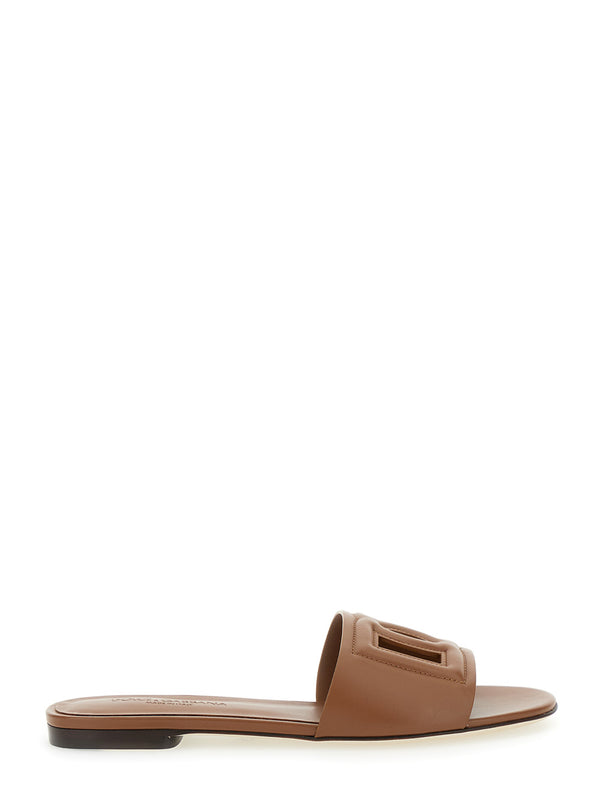 Slide Sandals Brown Leather Lamb