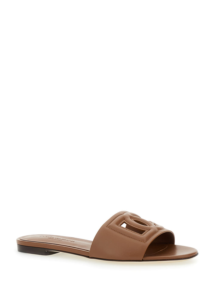 Brown Leather Cut Out Logo Slide Sandal Cq0436 For Women Lamb Calf Flat Shoes