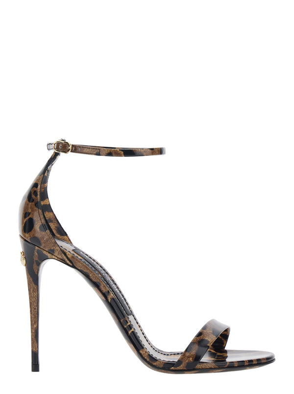 High Heel Sandals Brown Leopard Print Glossy Leather