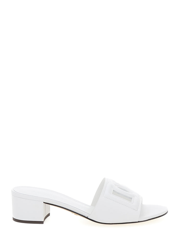White Mules With Low Heel And Dg Millennials Detail Smooth Leather Woman Heels