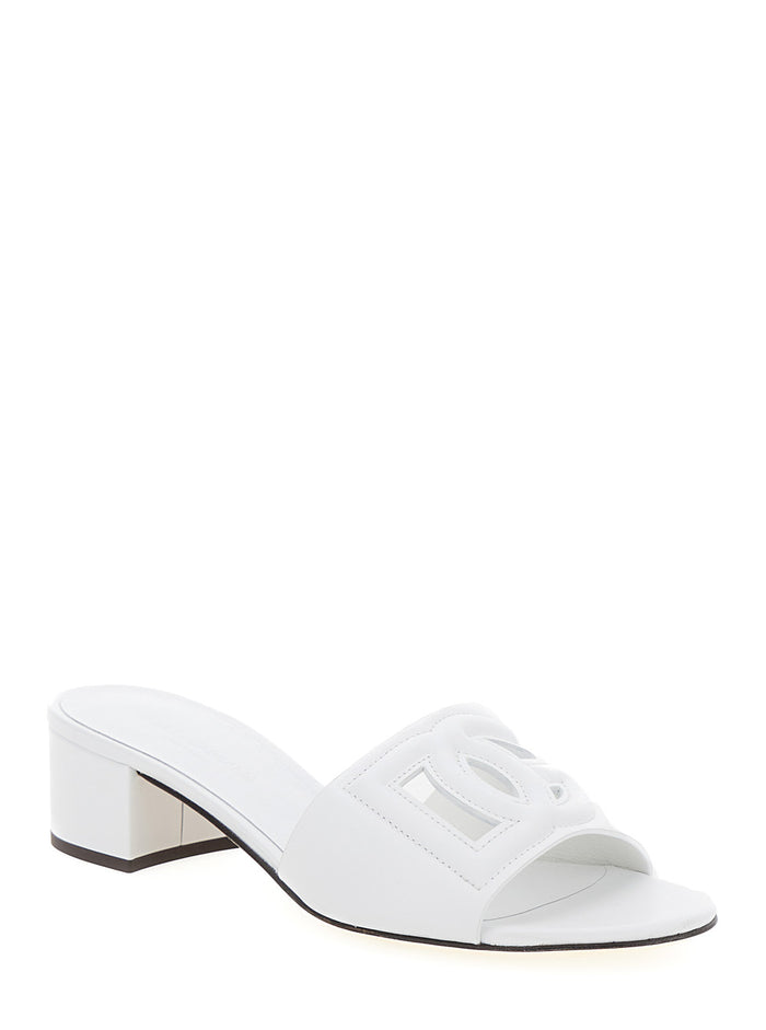 White Mules With Low Heel And Dg Millennials Detail Smooth Leather Woman Heels