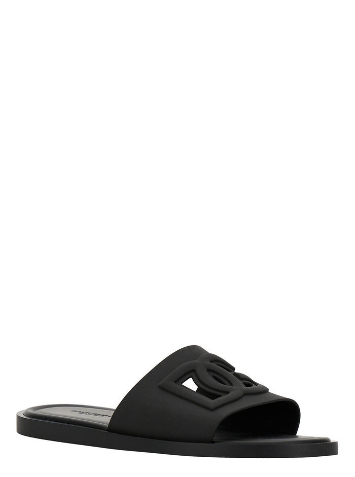 Black Rubber Logo Detail Slip-On Sandals For Men Thermoplastic Polyurethane Flat Shoes