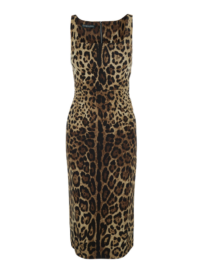 Brown Sleeveless Midi Dress With All-Over Leopard Print Silk Stretch For Women