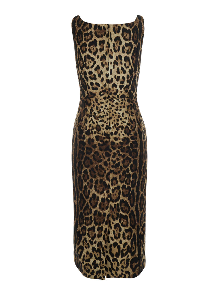 Brown Sleeveless Midi Dress With All-Over Leopard Print Silk Stretch For Women