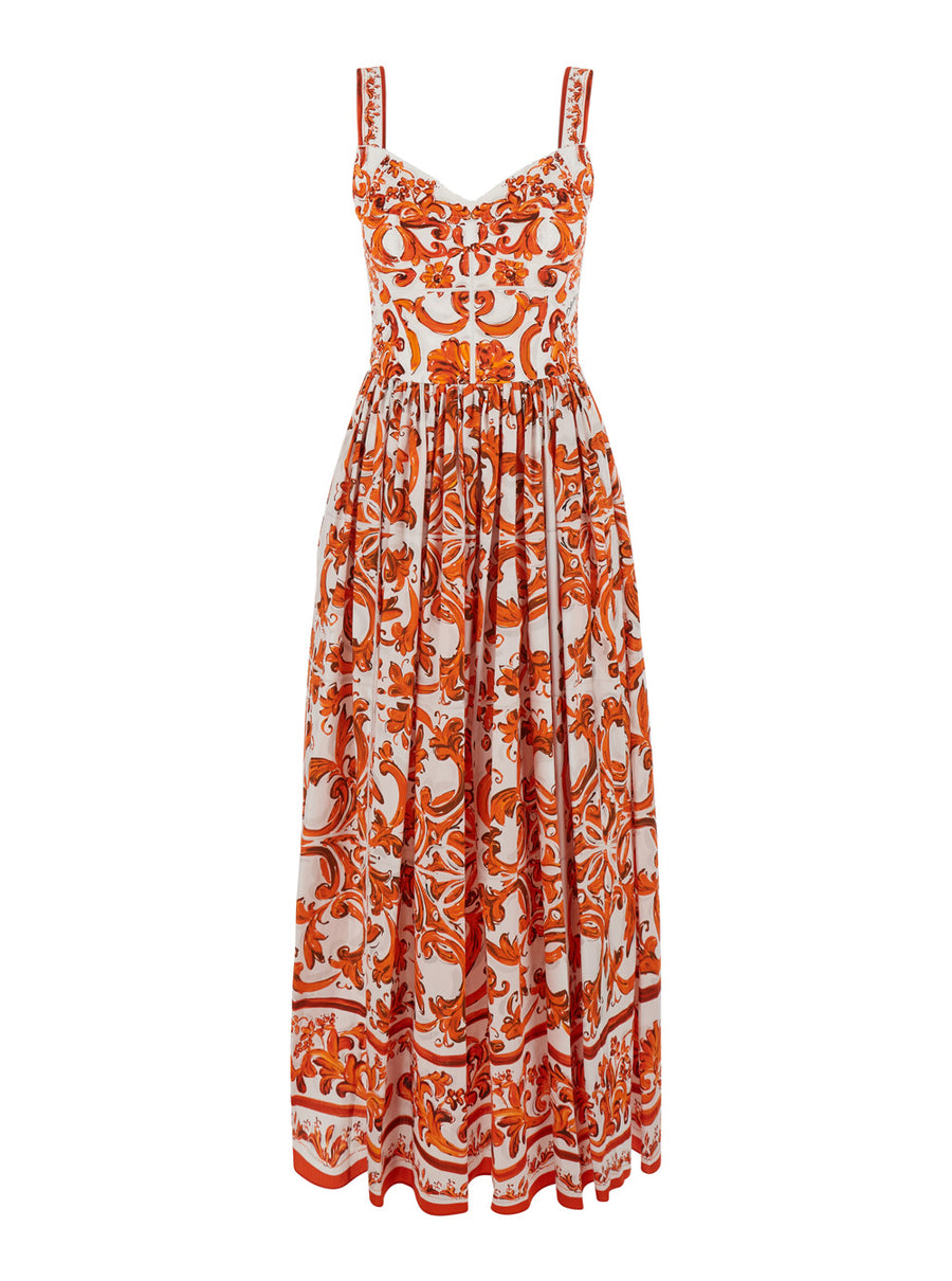 Maxi Dress With Maiolica Print Orange Cotton