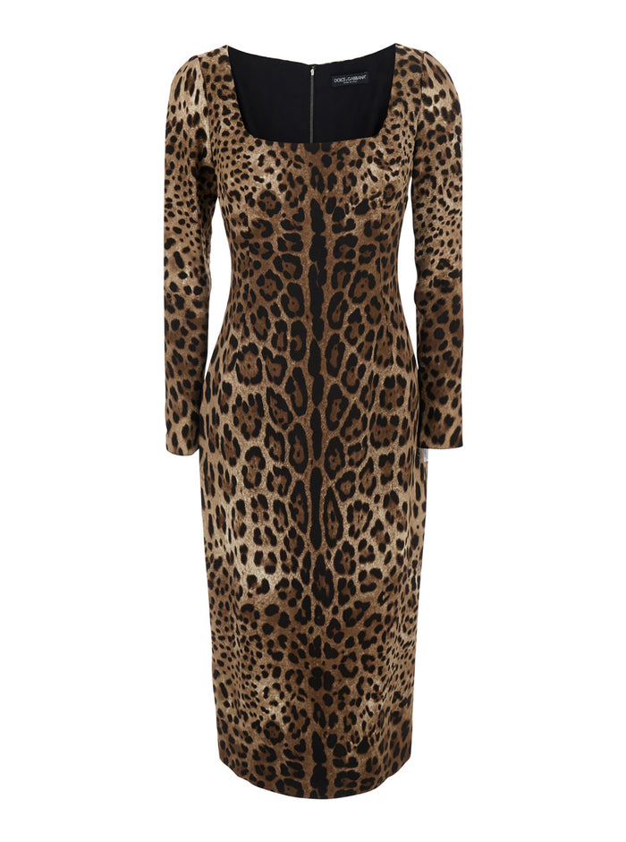Animalier Print Long Sleeves Midi Dress Brown