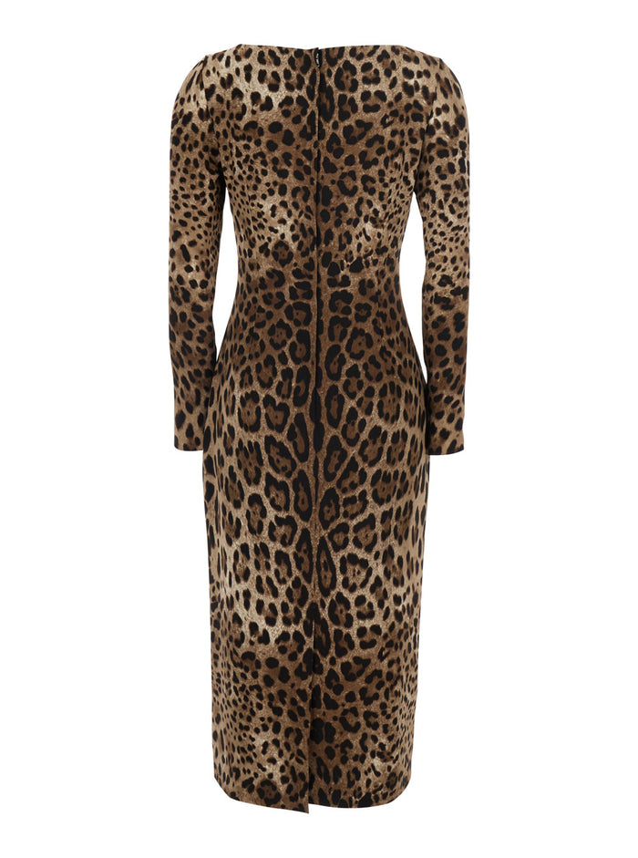 Animalier Print Long Sleeves Midi Dress Brown